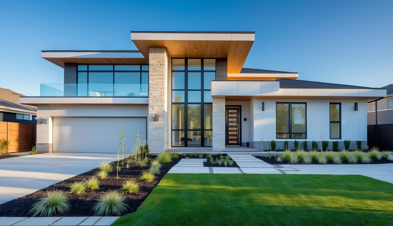 Foto rumah modern dengan halaman depan hijau dan jendela besar di siang hari.