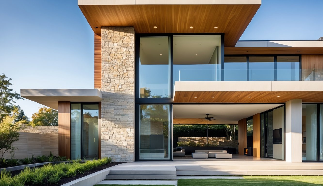 Foto rumah modern dengan taman rapi dan jendela besar di siang hari.