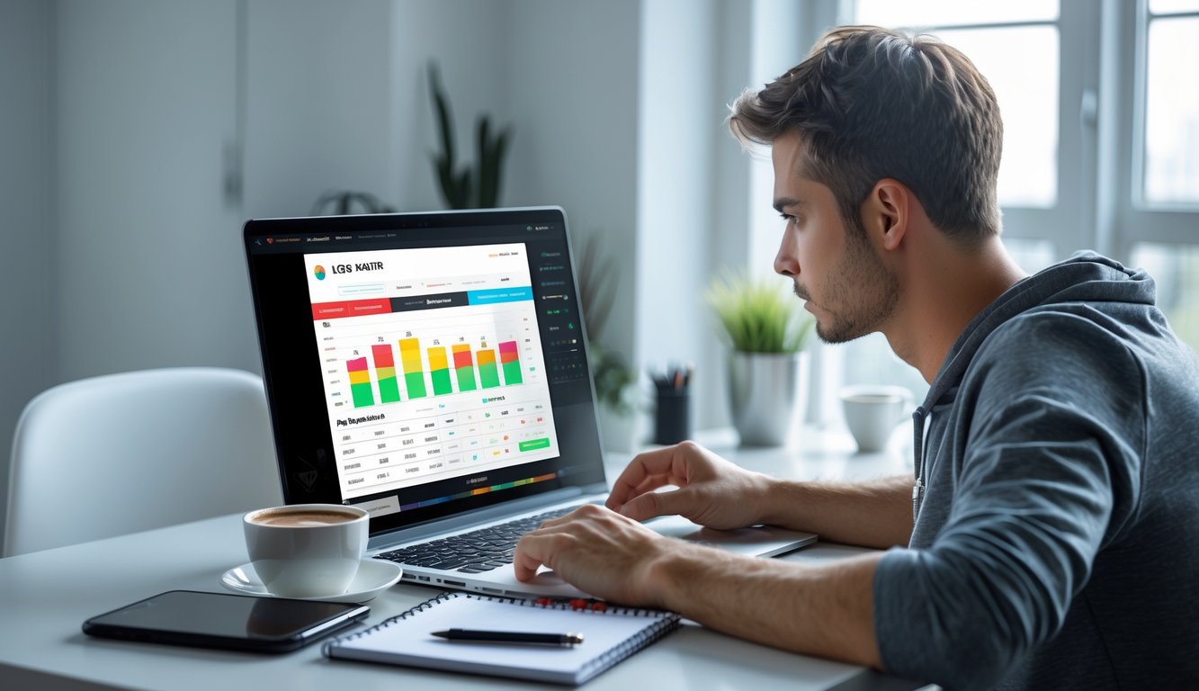 Seorang pria muda duduk di meja dengan laptop, tampak fokus belajar menggunakan situs taruhan online di ruang kerja rumah yang terang dan rapi.