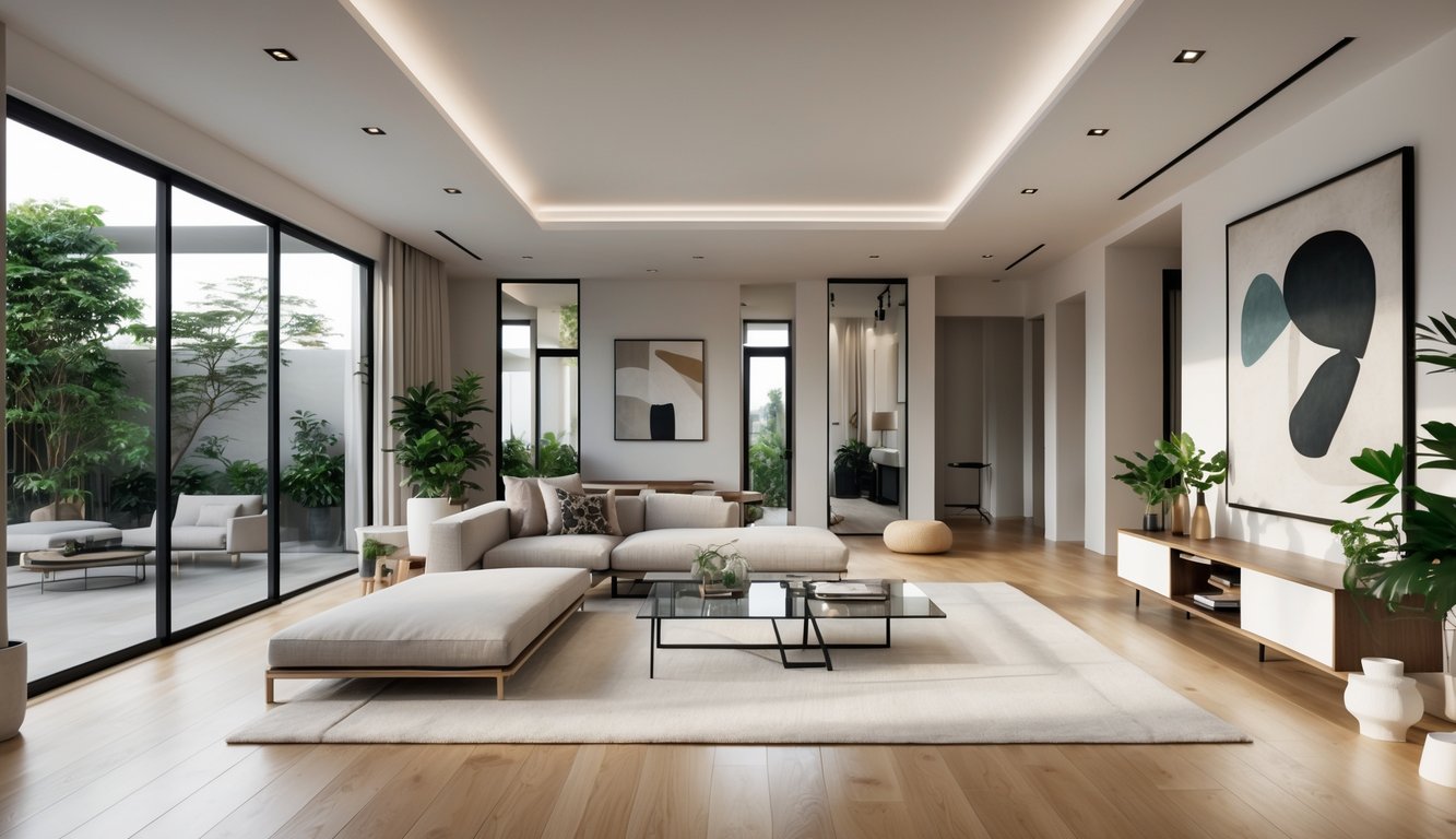 Ruang tamu rumah dengan sofa, meja kopi, jendela besar, dan tanaman hias.