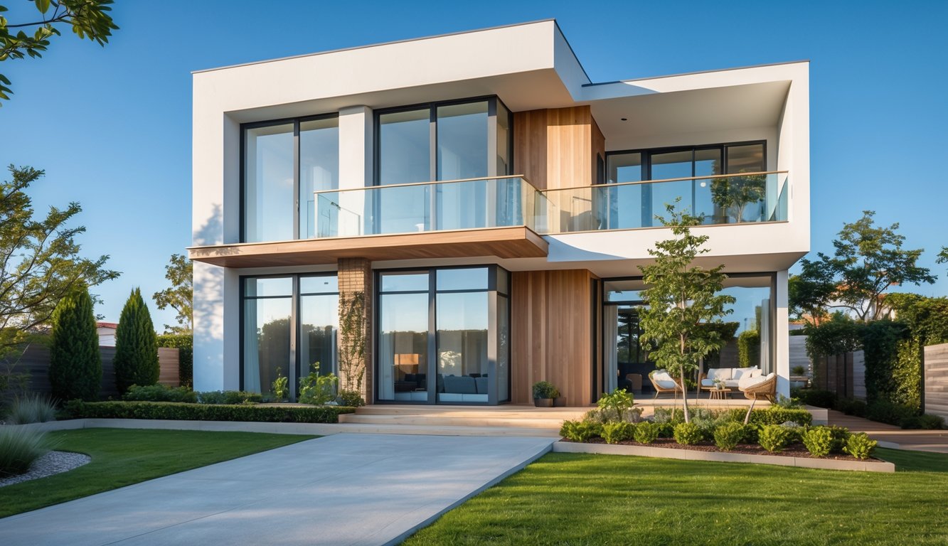 Rumah dua lantai dengan taman hijau di sekitarnya pada hari cerah.