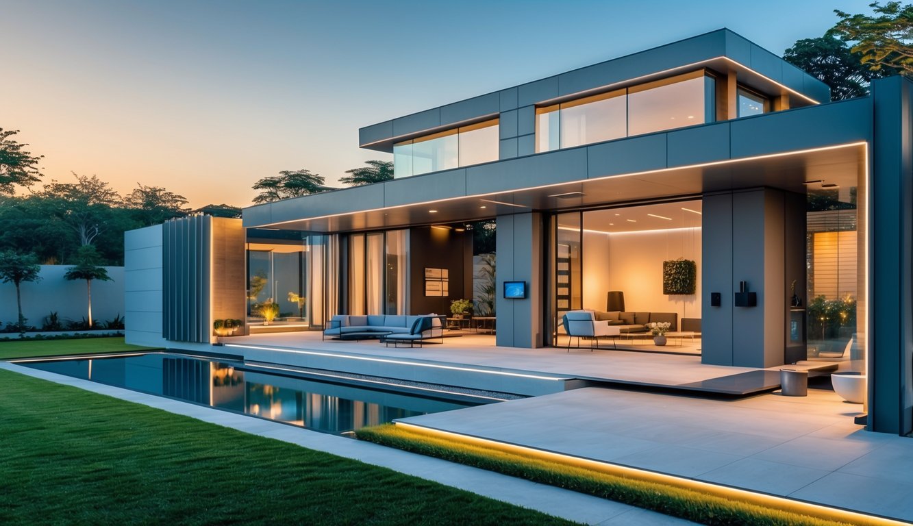 Rumah modern dengan desain futuristik, dikelilingi taman hijau dan langit cerah saat matahari terbenam.