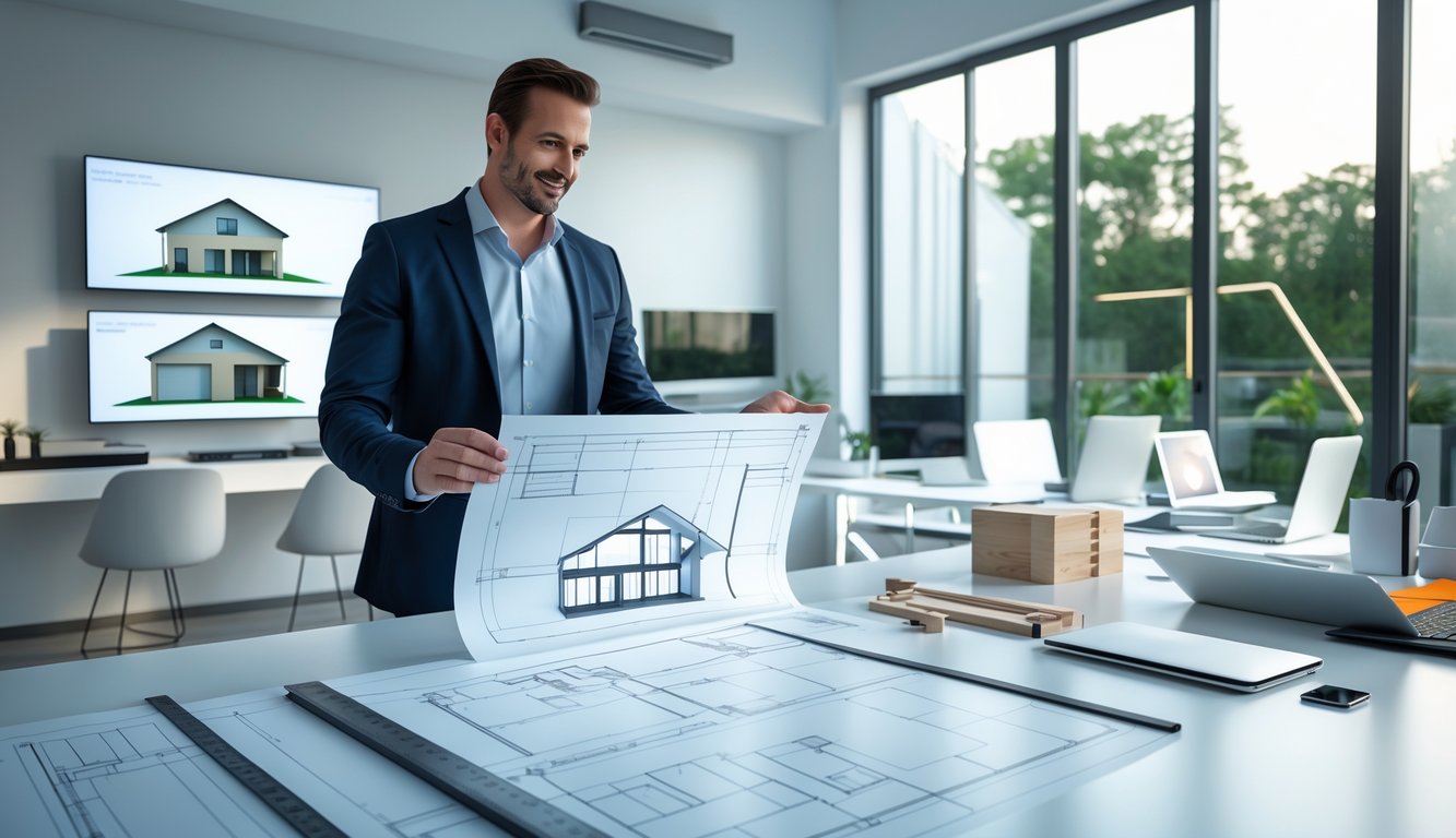 Seorang arsitek menunjukkan gambar desain rumah modern kepada klien di sebuah kantor dengan jendela besar dan alat desain di meja.