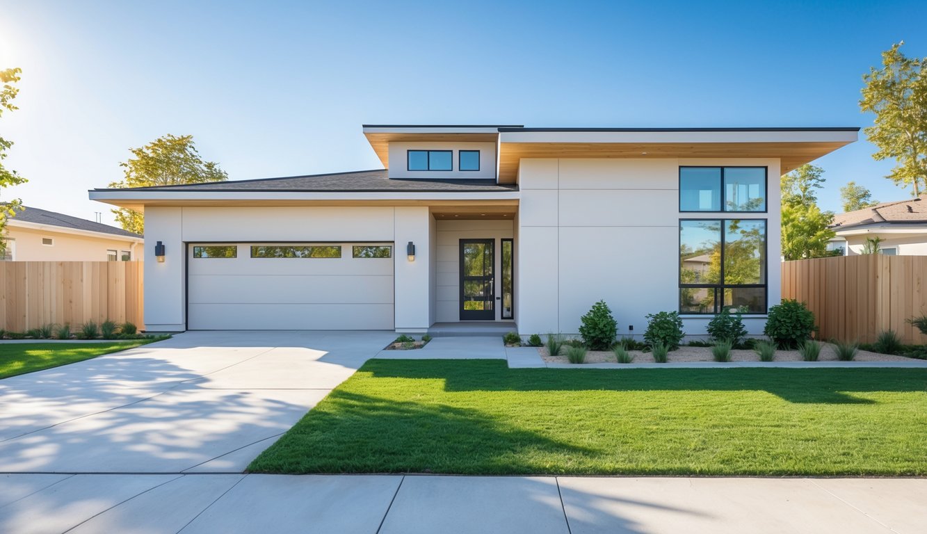 Foto rumah modern dengan halaman depan yang rapi dan langit biru cerah di latar belakang.