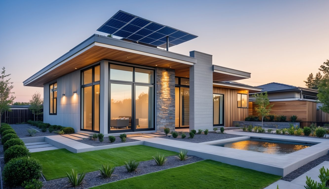 Rumah tinggal modern dengan jendela besar dan taman minimalis di halaman depan pada waktu senja.