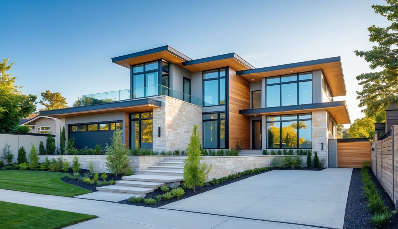 Tampak depan rumah dengan desain modern dan halaman yang rapi pada siang hari.