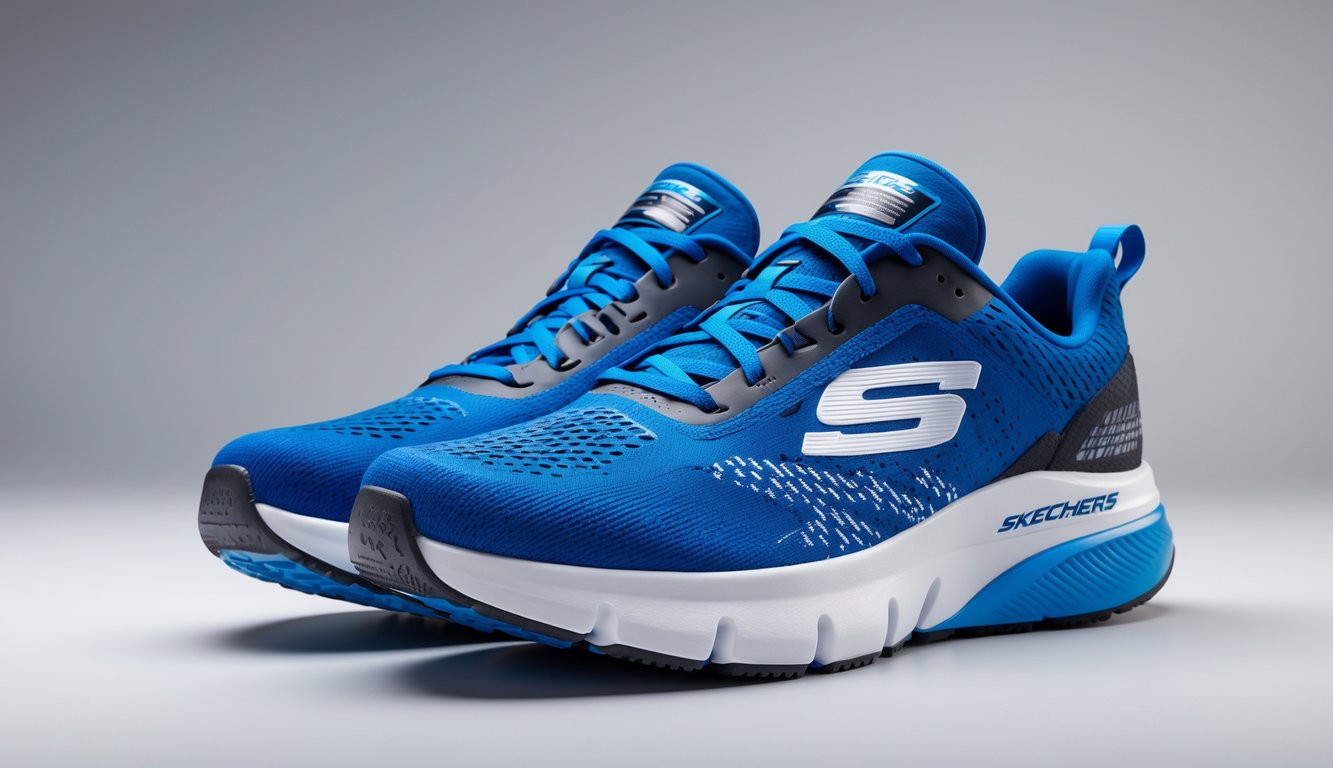 Sepasang sepatu lari Skechers berwarna biru dan putih diletakkan di latar belakang netral.
