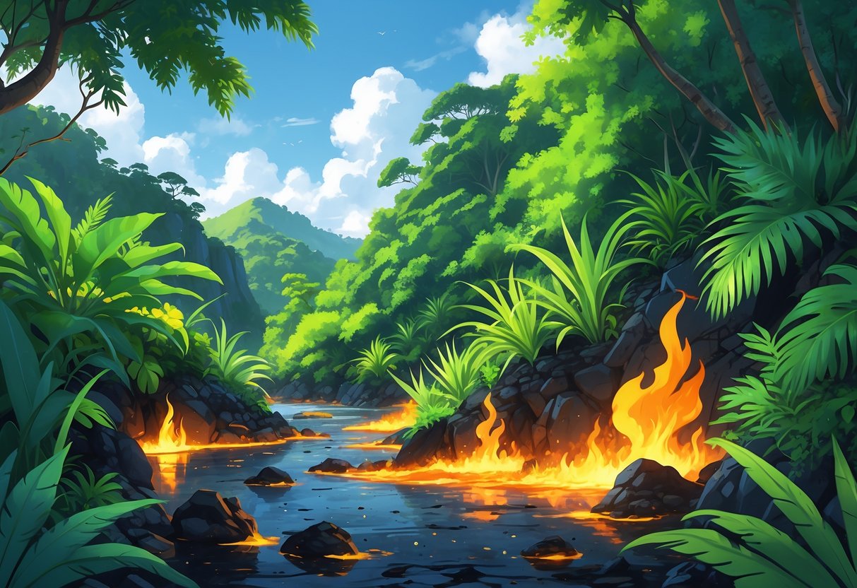 Pemandangan alam Kayangan Api dengan api kecil yang menyala di antara bebatuan dan dikelilingi oleh tanaman hijau yang rimbun.