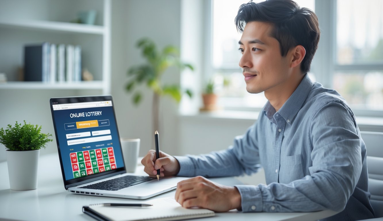 Seorang dewasa muda duduk di meja kerja dengan laptop terbuka, terlihat fokus dan tenang sedang menggunakan situs togel online.