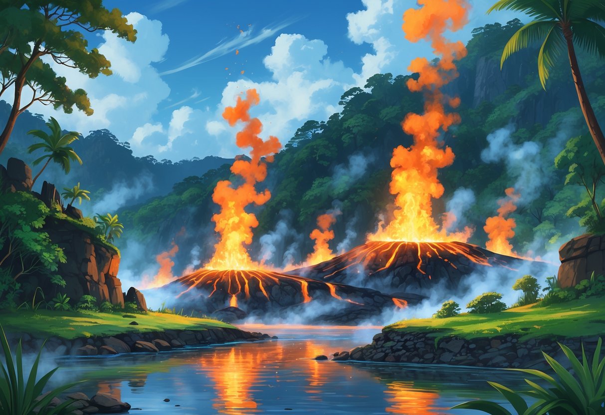 Pemandangan alam dengan api yang menyala dari tanah di tengah hutan tropis dan batu-batu, dengan sungai tenang di depan dan langit cerah di atasnya.