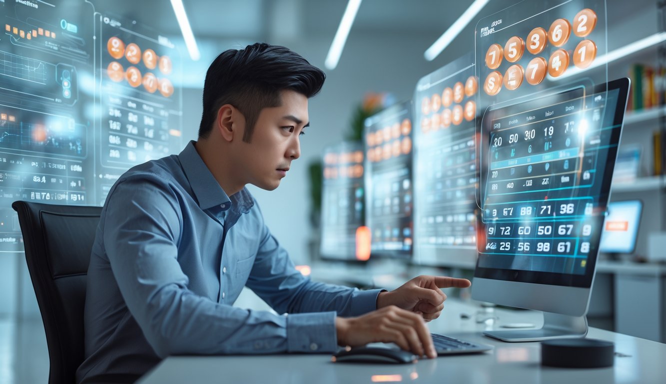 Seorang pria muda duduk di meja modern dengan layar digital transparan menampilkan angka dan grafik, sedang fokus menganalisis strategi permainan togel digital.