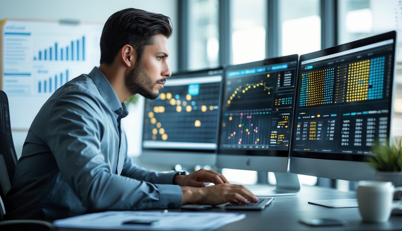 Seorang pria fokus menganalisis data dan pola angka di depan beberapa layar komputer di kantor modern.