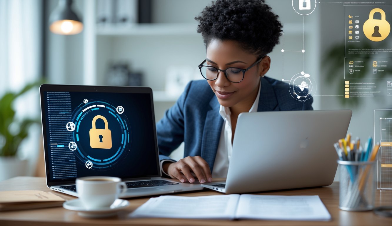 Seseorang menggunakan laptop di kantor rumah yang modern, fokus memilih situs togel online yang aman dan terpercaya.