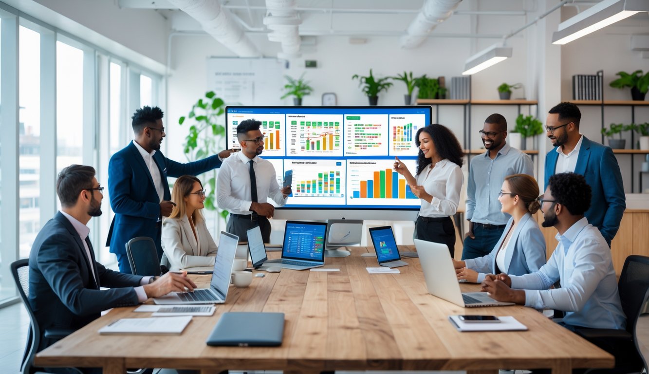 Sekelompok profesional sedang menganalisis data statistik di ruang kantor dengan laptop dan layar yang menampilkan grafik dan angka.