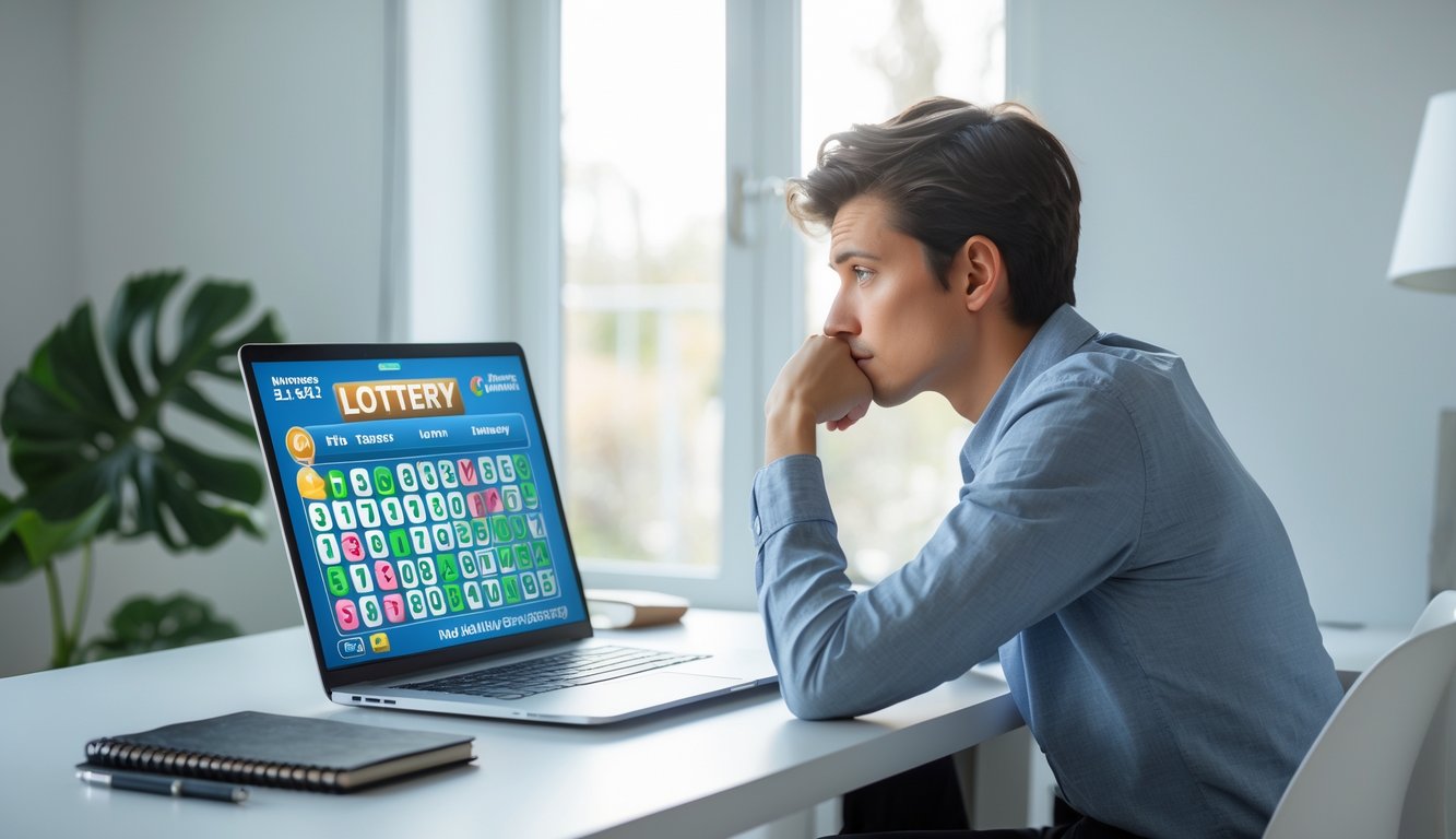 Seseorang duduk di meja dengan laptop, tampak fokus dan berpikir sambil melihat layar komputer di ruang kerja rumah yang rapi.