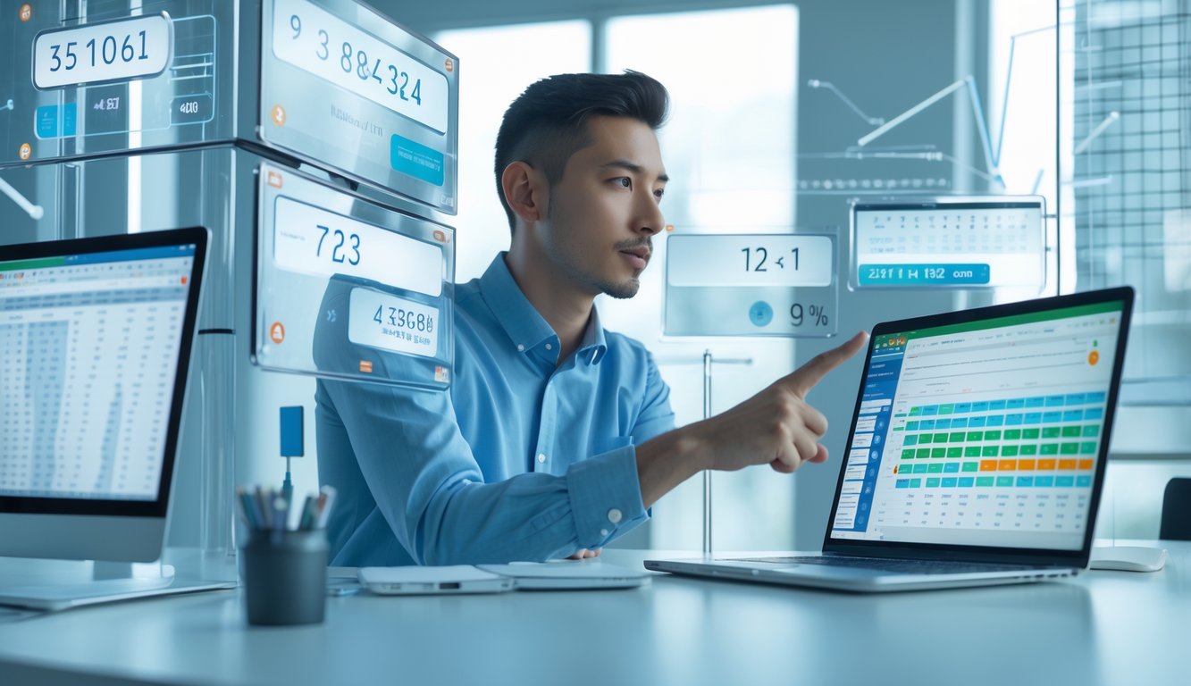Seseorang sedang menganalisis data angka dan grafik di depan beberapa layar digital di ruang kerja modern.