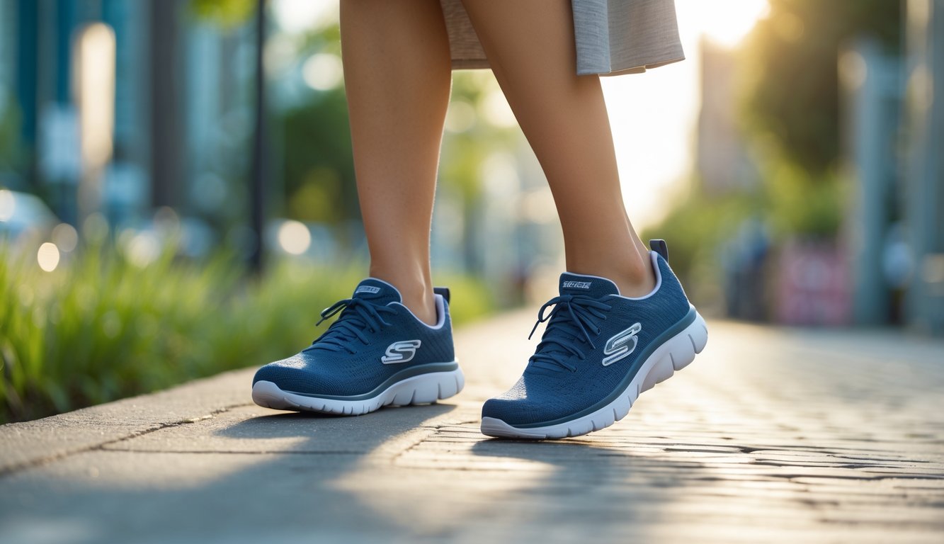 Seorang wanita berjalan santai mengenakan sepatu Skechers yang nyaman di luar ruangan dengan latar belakang taman atau jalan kota.