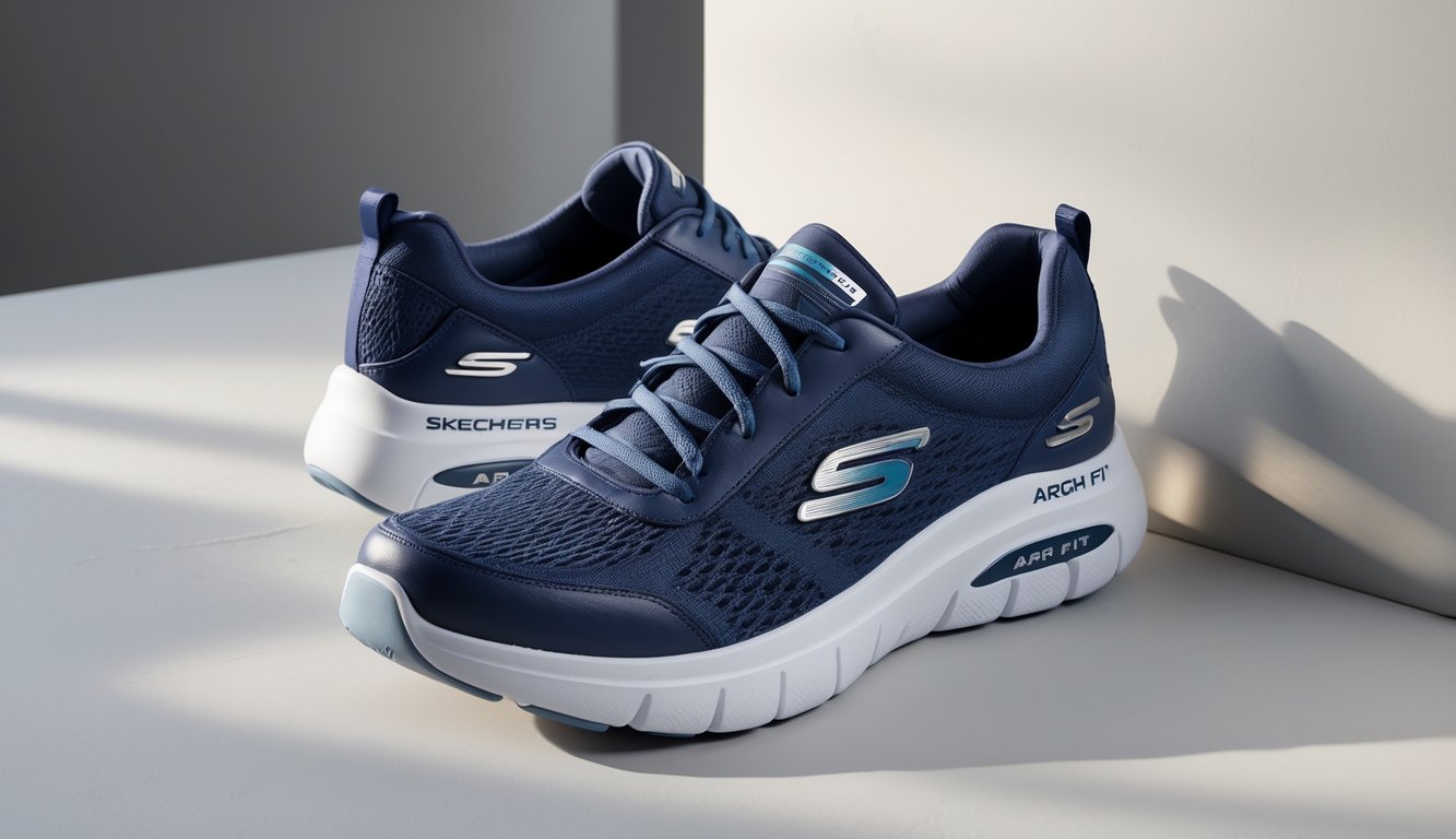 Sepasang sepatu Skechers Arch Fit diletakkan di permukaan bersih dengan latar belakang netral.