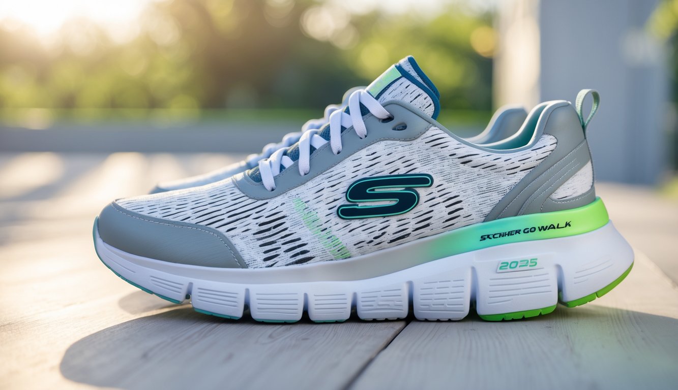 Sepasang sepatu Skechers Go Walk terbaru 2025 berwarna abu-abu dan putih dengan aksen biru dan hijau, diletakkan di lantai kayu dengan latar belakang luar ruangan yang kabur.
