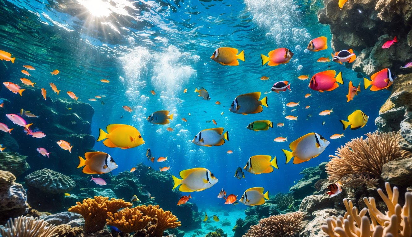 Pemandangan bawah laut dengan berbagai ikan tropis berwarna-warni berenang di sekitar terumbu karang.