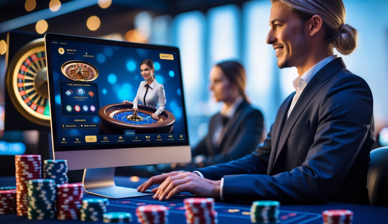 Seorang dealer kasino profesional sedang berinteraksi dengan pemain melalui layar komputer di lingkungan kasino online yang modern dan cerah.