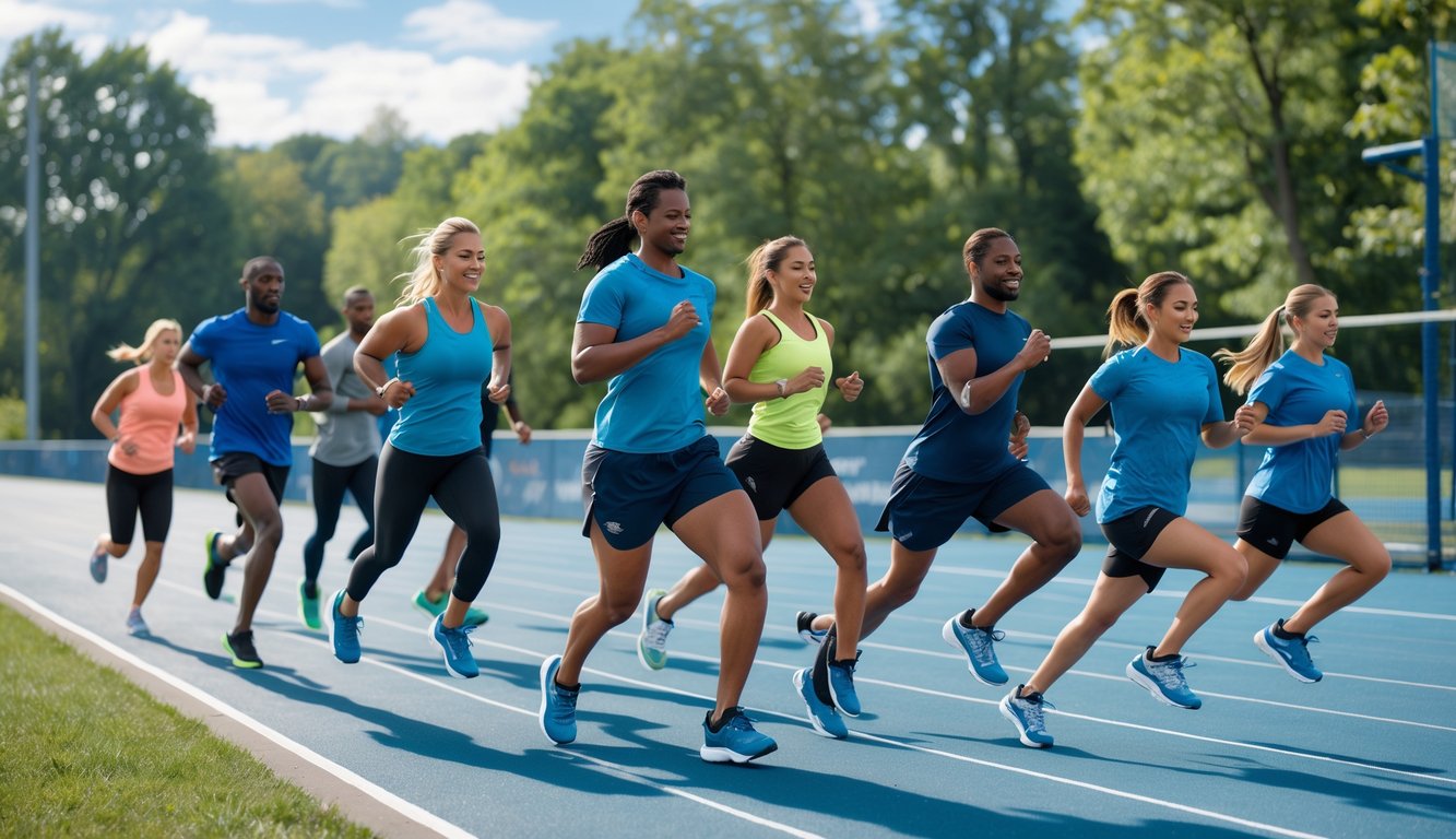 Beberapa atlet beragam sedang berolahraga di luar ruangan memakai sepatu Skechers Performance.