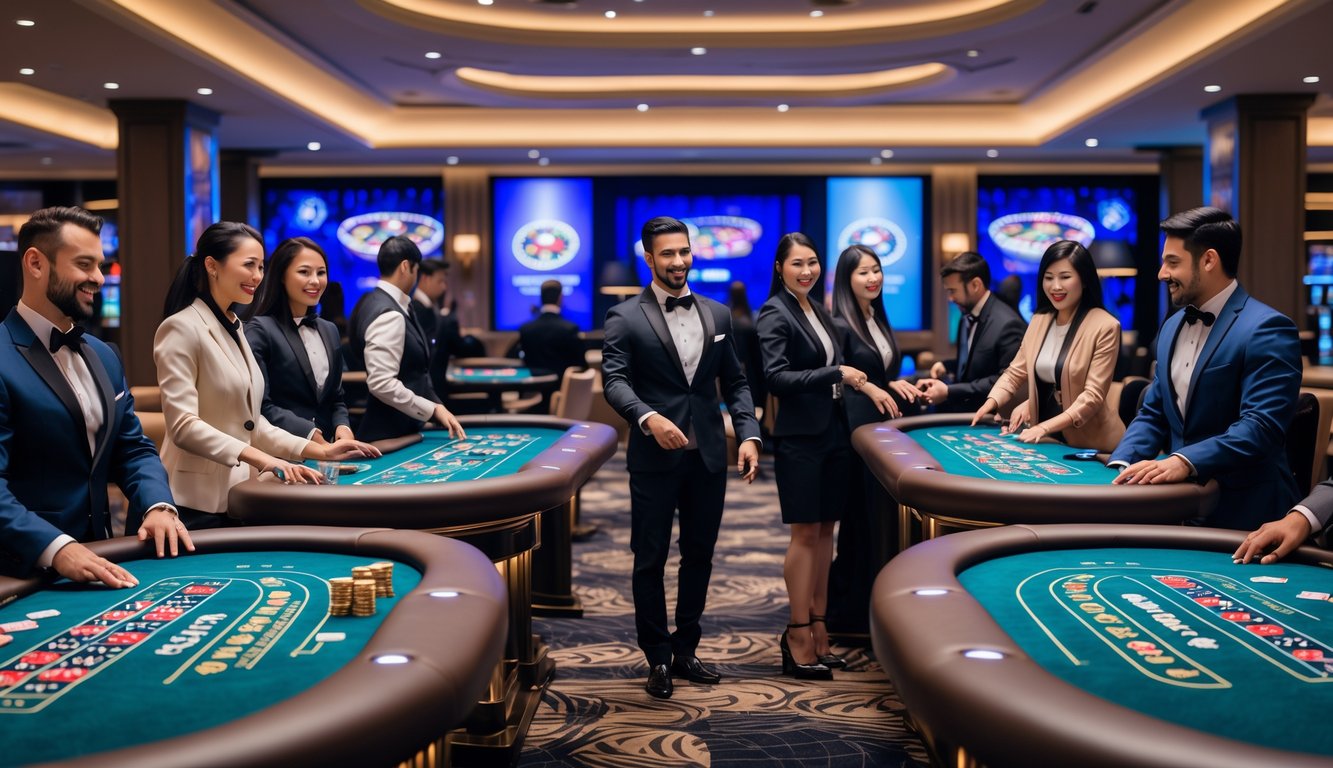 Suasana kasino langsung yang mewah dengan meja permainan dan dealer profesional melayani para pemain.