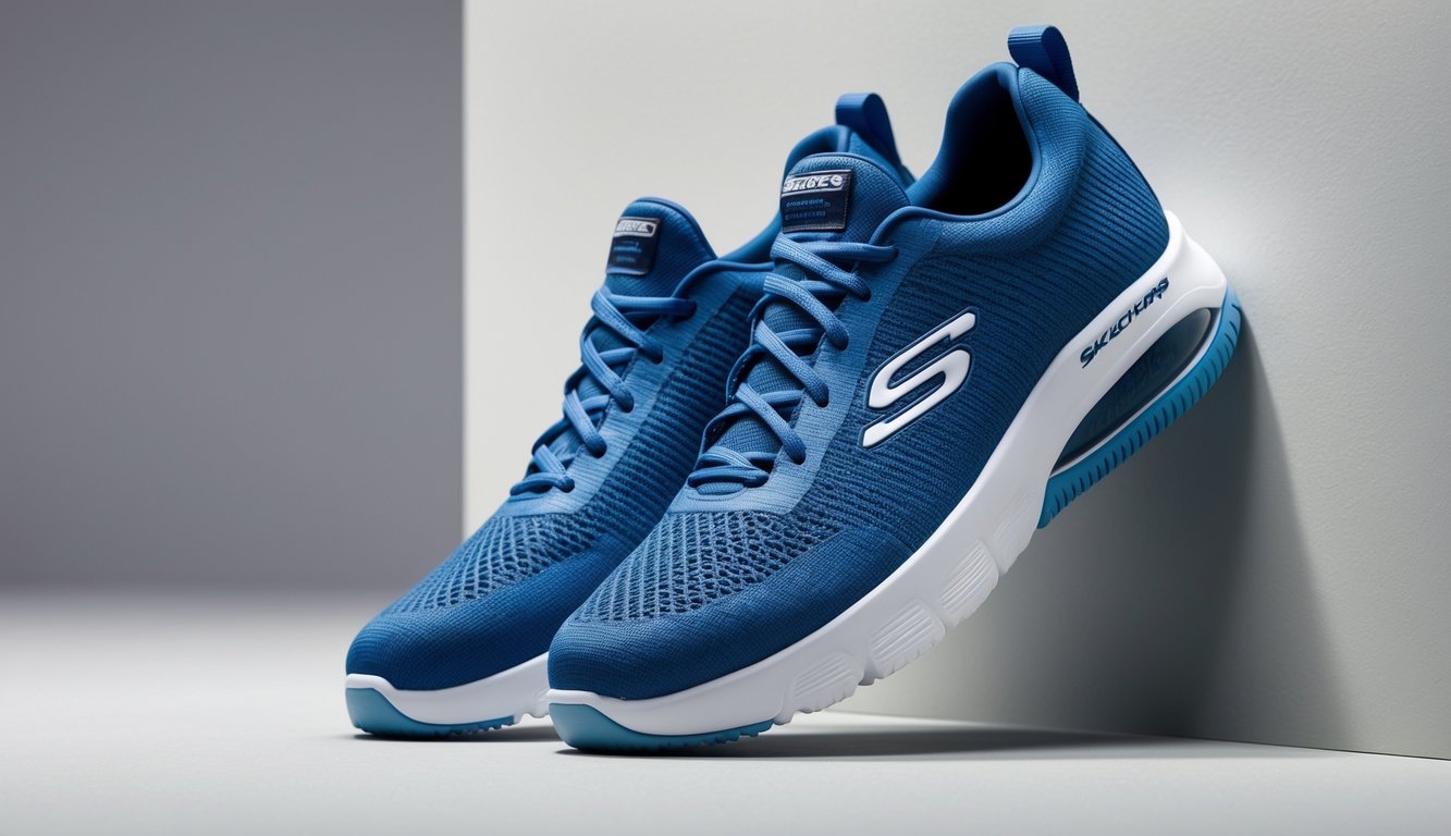 Sepasang sepatu Skechers ringan dan empuk yang ditampilkan di atas latar belakang polos.