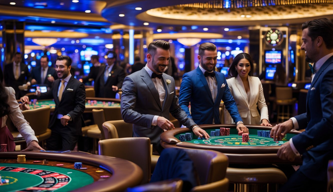 Orang-orang bermain permainan kasino langsung di meja yang mewah dan ramai dengan suasana penuh semangat.