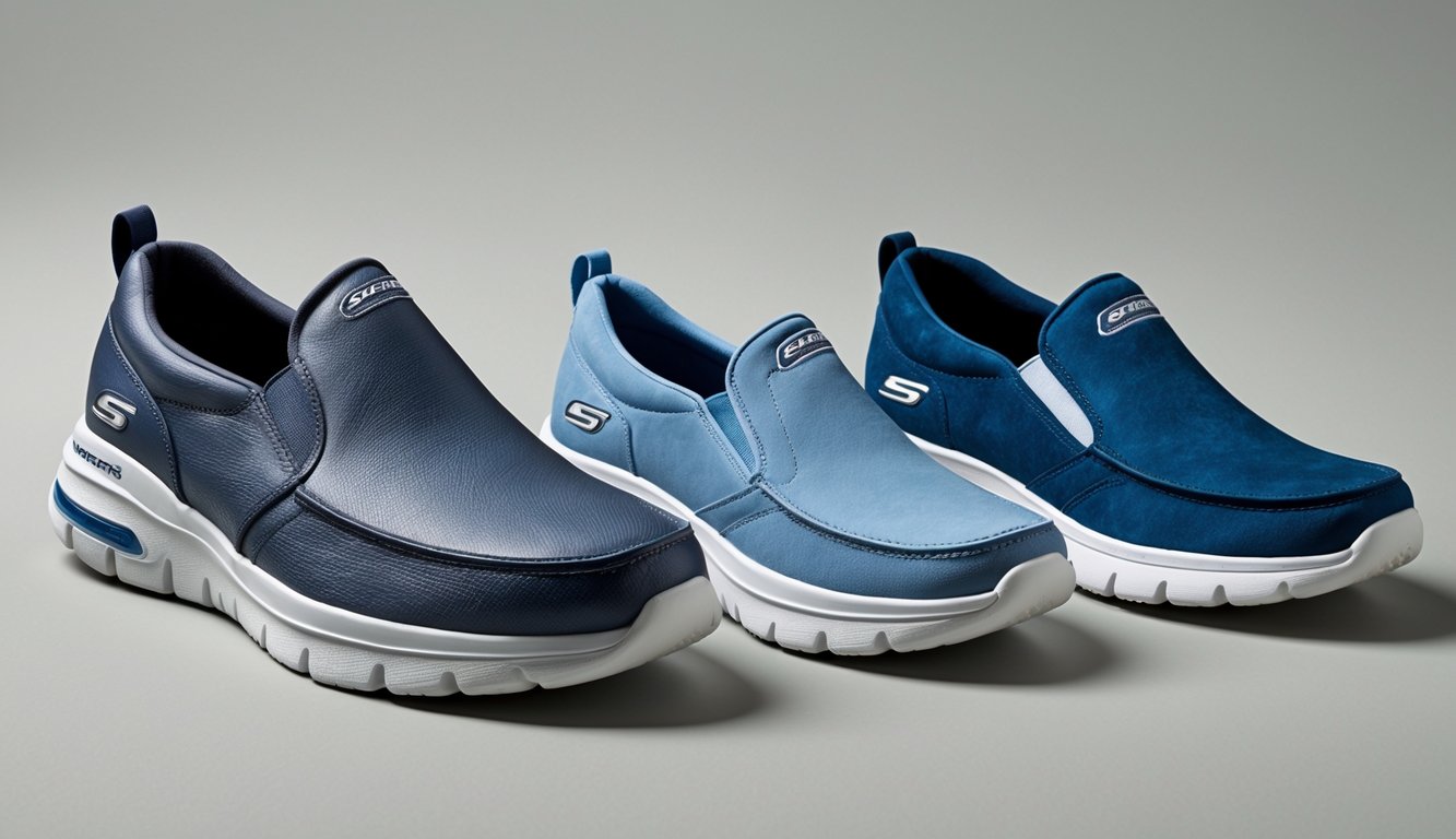 Sepasang sepatu slip-on Skechers pria dan wanita yang diletakkan berdampingan di latar belakang polos.