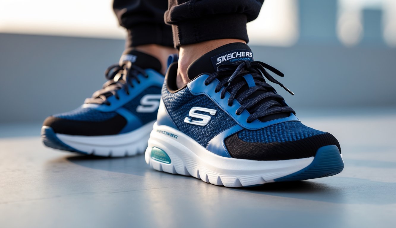 Sepasang sepatu Skechers modis dan trendi diletakkan di atas permukaan bersih dengan latar belakang buram.