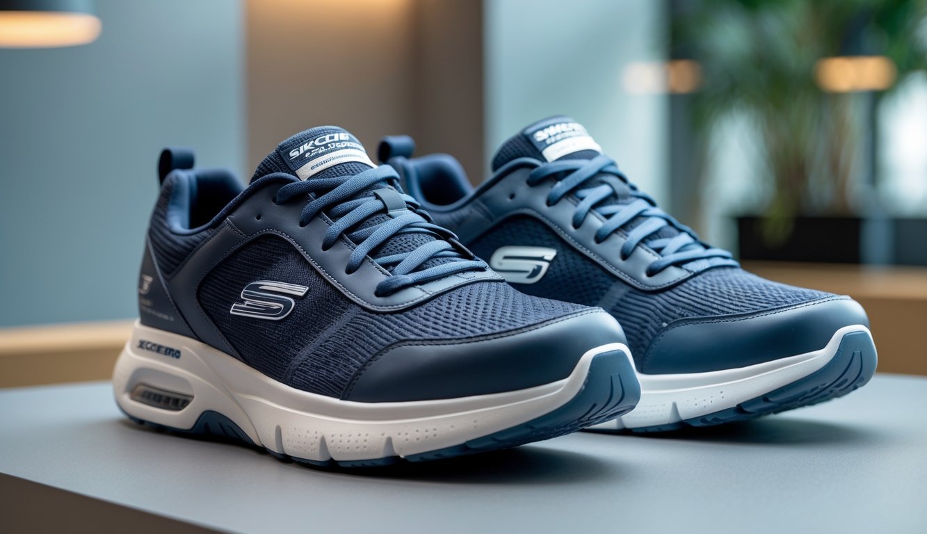 Sepasang sepatu Skechers yang stylish ditampilkan di atas permukaan bersih dengan latar belakang minimalis.
