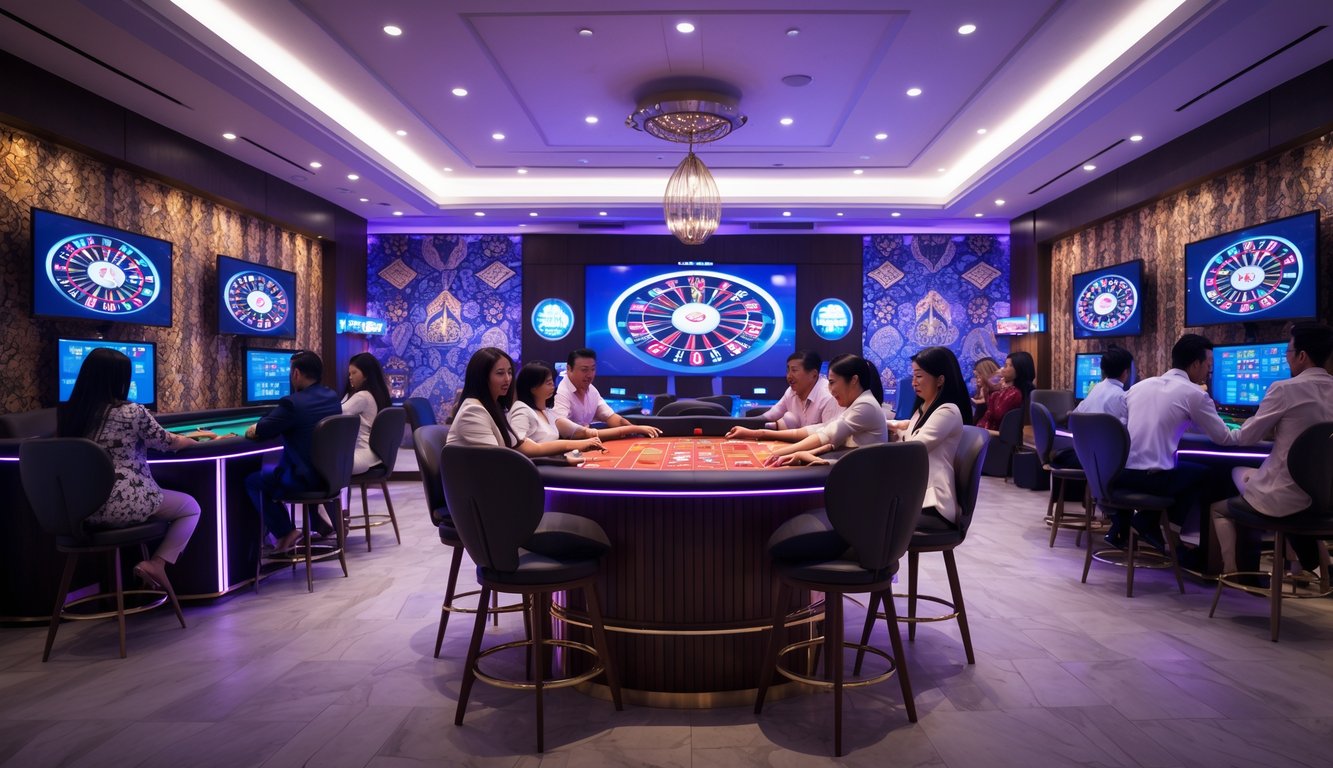 Suasana kasino langsung di Indonesia dengan orang-orang bermain permainan kasino di meja dan dealer berinteraksi melalui layar digital.