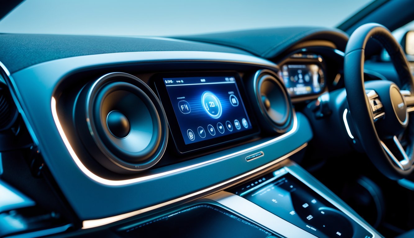 Sistem audio mobil modern dan canggih di dalam interior mobil mewah dengan speaker dan layar digital.