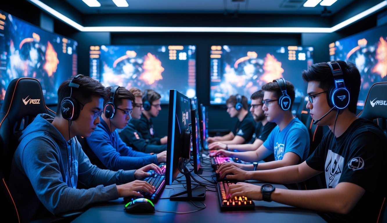 Sekelompok orang muda bermain game esports dengan peralatan gaming canggih di ruangan yang terang dan rapi.