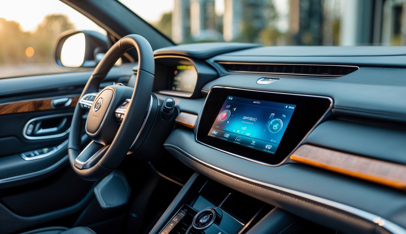 Sistem audio mobil premium dengan layar sentuh dan speaker berkualitas tinggi di dalam mobil mewah.