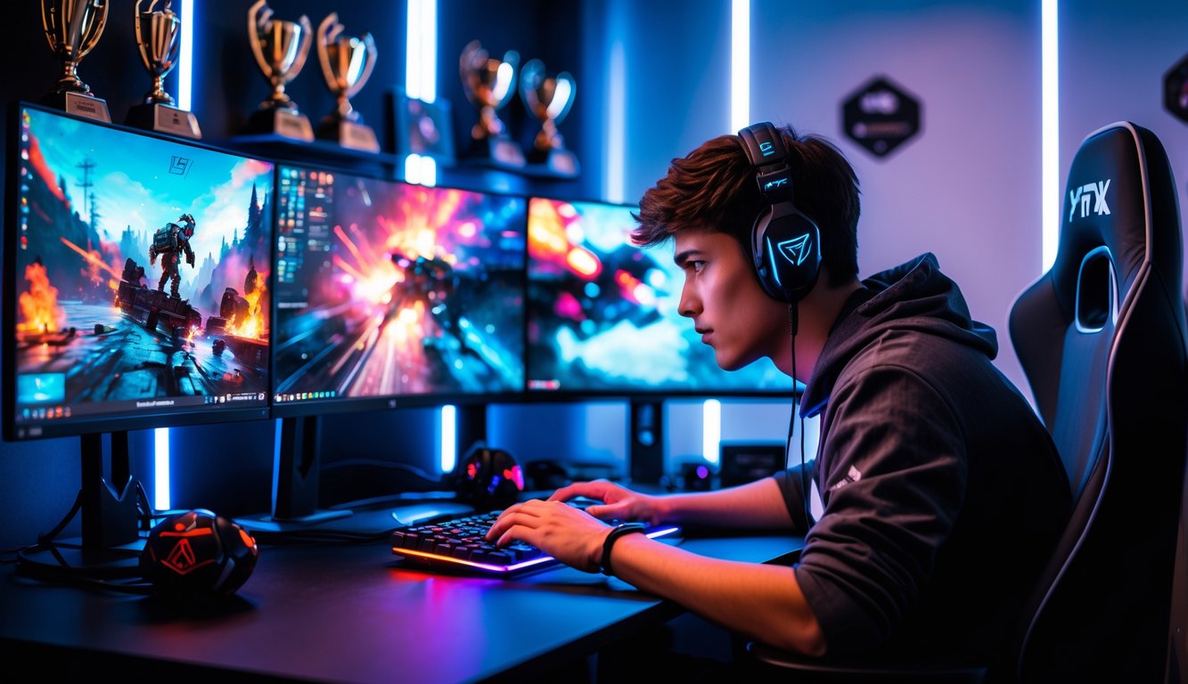 Seorang dewasa muda sedang bermain game esports di depan komputer dengan beberapa monitor di ruangan yang terang dan modern.
