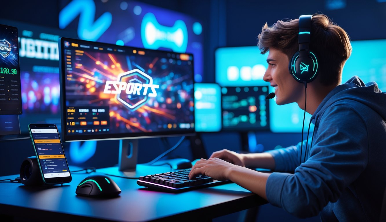 Seorang pemuda sedang bermain dan memasang taruhan pada permainan esports di komputer di ruang kerja modern.