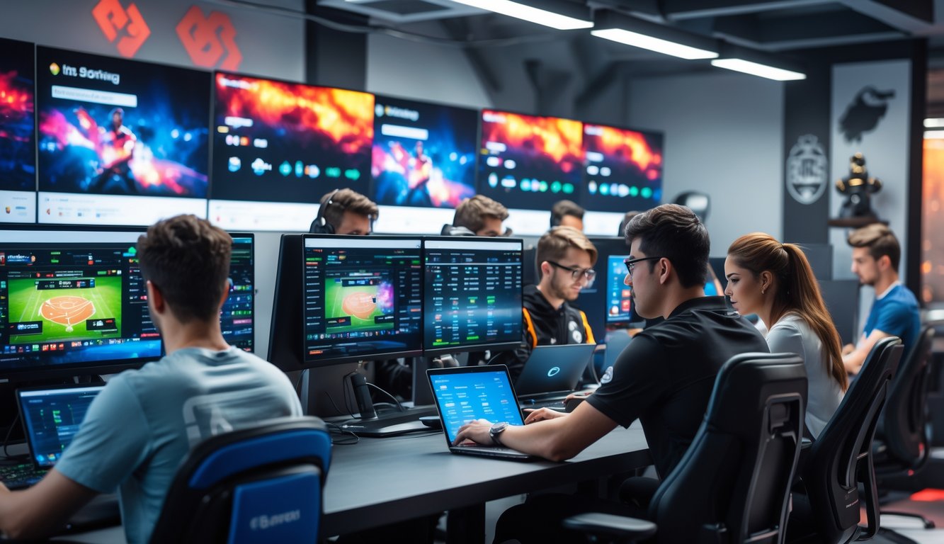 Orang-orang muda sedang menggunakan komputer dan ponsel di kantor modern dengan layar besar menampilkan pertandingan esports dan peluang taruhan.