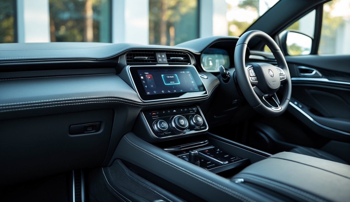 Sistem audio mobil berkualitas tinggi terpasang di dalam kendaraan modern dengan speaker premium dan layar sentuh digital.