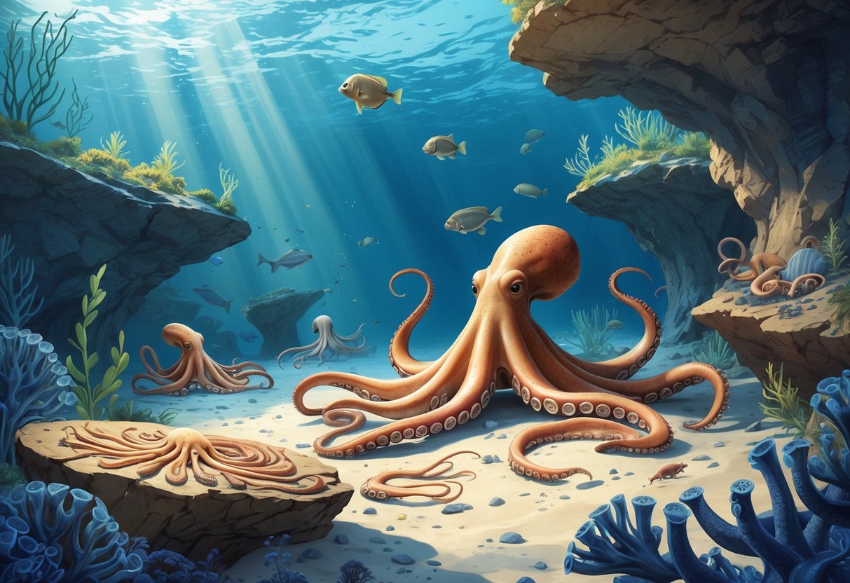 Ilustrasi bawah laut yang menampilkan gurita dalam berbagai tahap perkembangan di lingkungan laut purba dengan terumbu karang dan tanaman laut.