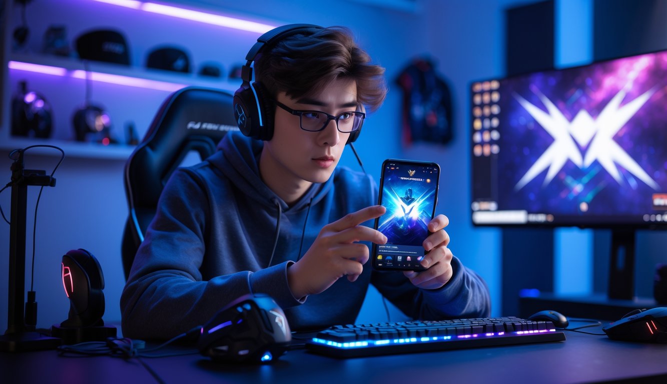 Seorang pemain muda sedang fokus bermain Mobile Legends di ponsel di dalam ruangan permainan yang modern dengan pencahayaan biru dan ungu.