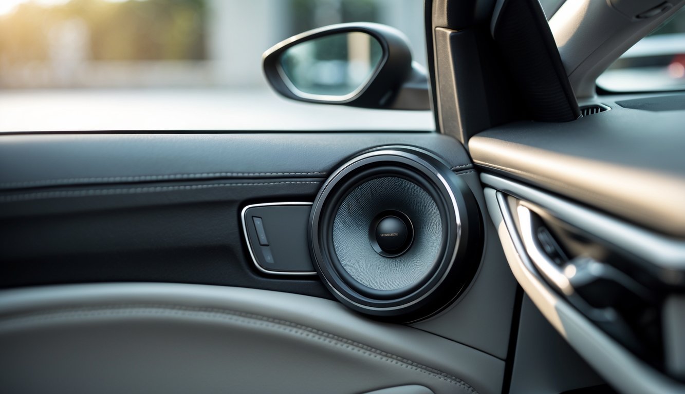 Interior mobil menampilkan speaker mobil berkualitas tinggi terpasang di panel pintu dengan latar belakang kabin mobil.