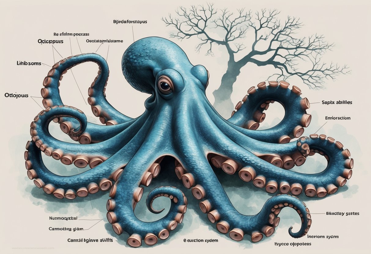 Ilustrasi gurita dengan detail anatomi dan pohon evolusi di latar belakang yang menunjukkan asal usul dan taksonomi gurita.