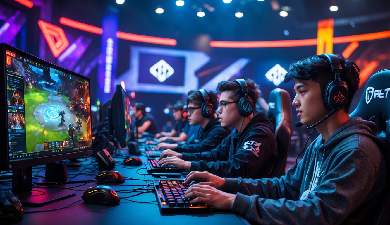Sekelompok pemain muda sedang bermain Dota 2 dalam arena game dengan peralatan gaming lengkap dan pencahayaan warna-warni.