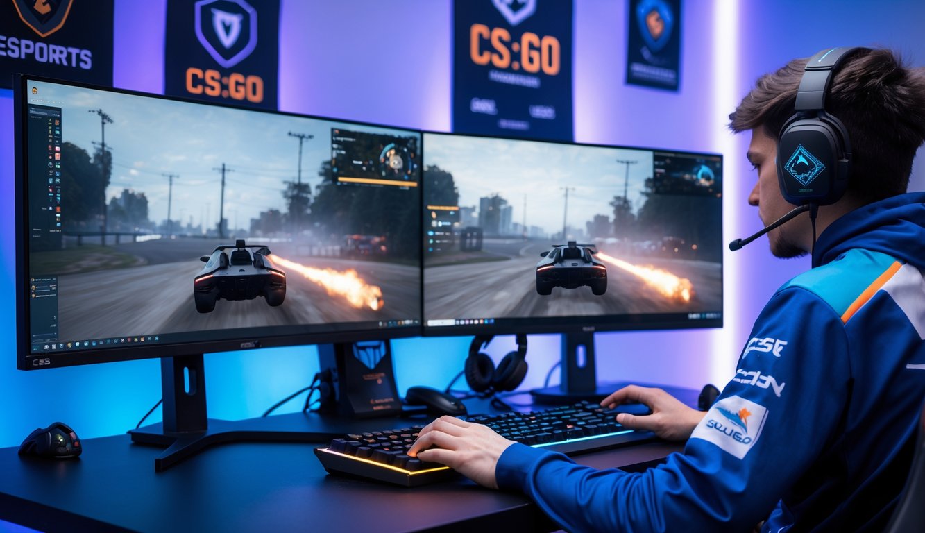 Seorang pemain esports profesional sedang bermain game CS di depan dua monitor dengan peralatan gaming lengkap di meja yang rapi.