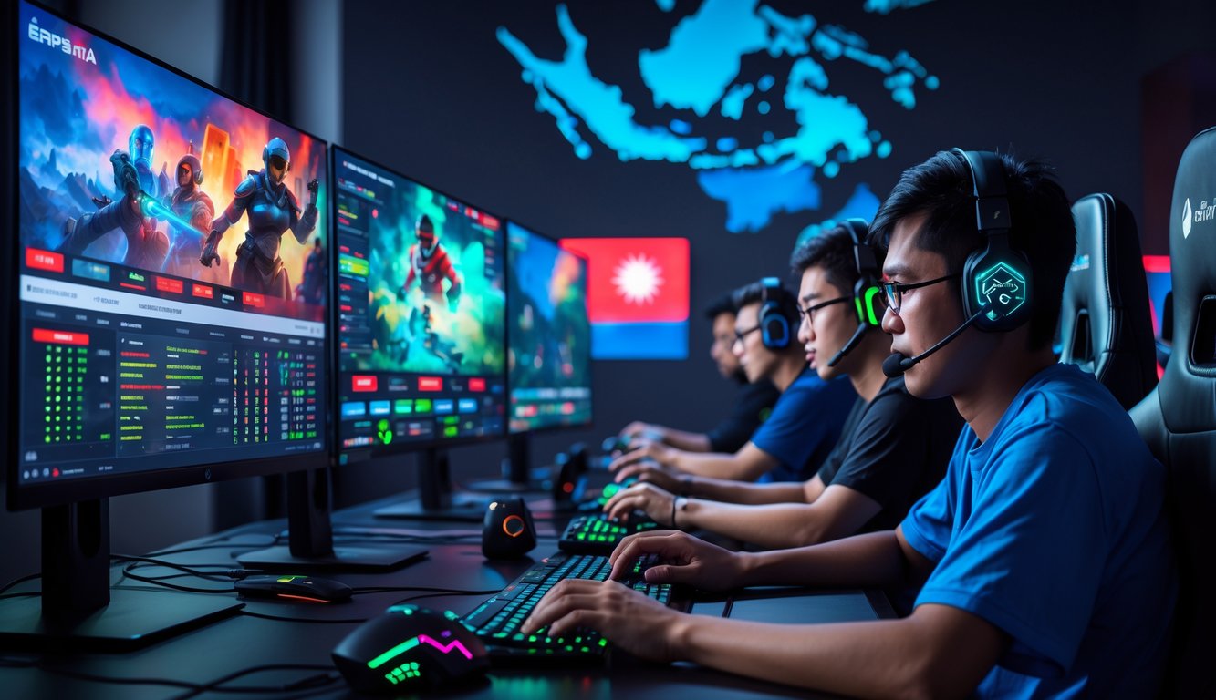Sekelompok pemain muda Indonesia sedang bermain dan memasang taruhan pada pertandingan esports di sebuah ruangan dengan peralatan gaming modern.