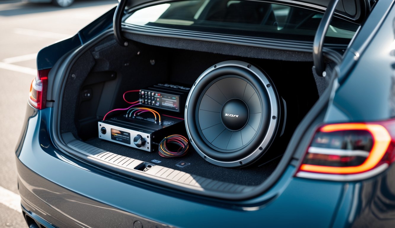 Subwoofer mobil berkualitas tinggi terpasang di bagasi mobil modern yang terbuka.