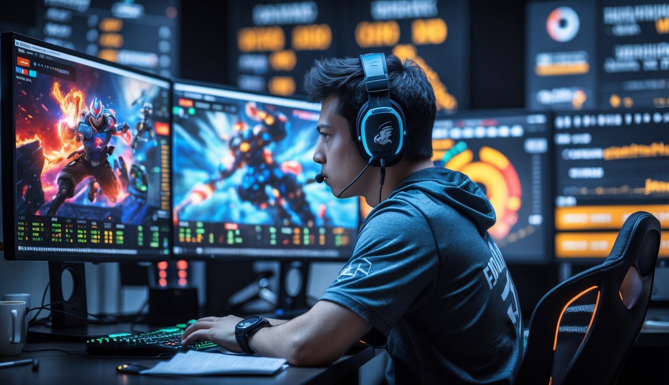 Seorang pria muda duduk di depan beberapa monitor komputer yang menampilkan permainan esports dan grafik peluang taruhan.