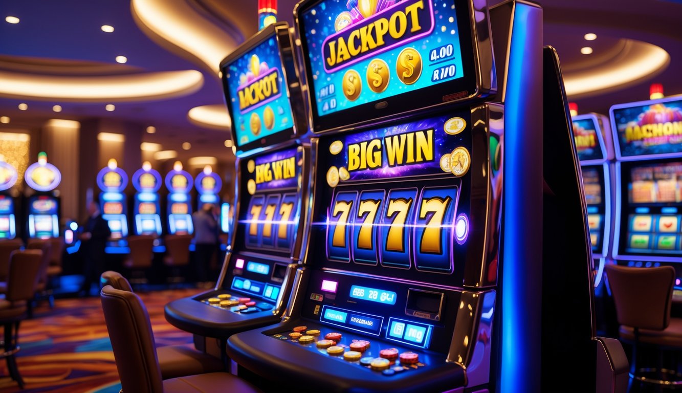 Area mesin slot di kasino dengan mesin slot yang menampilkan kemenangan besar dan suasana yang ceria.